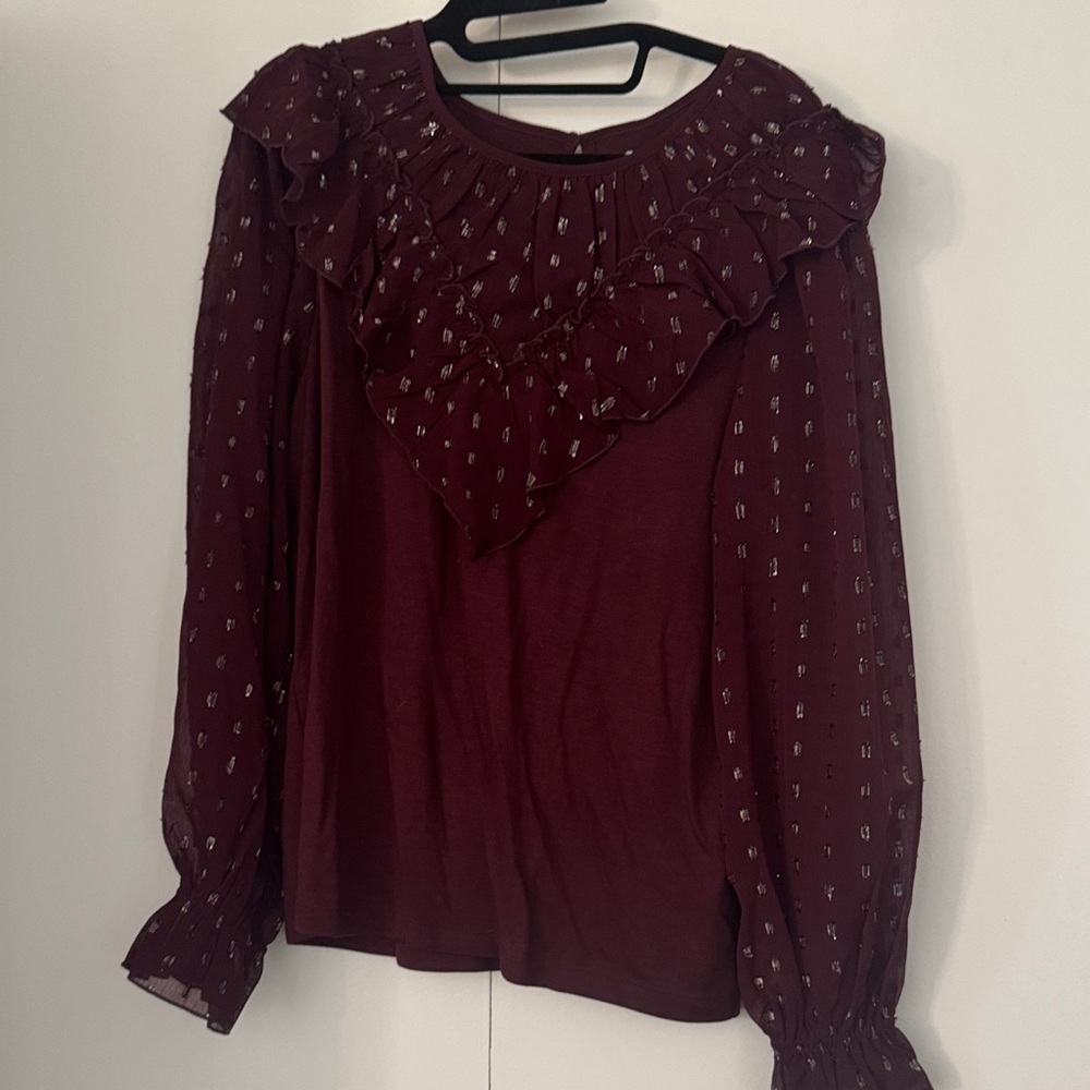 LOFT Burgundy Ruffle Detail Blouse